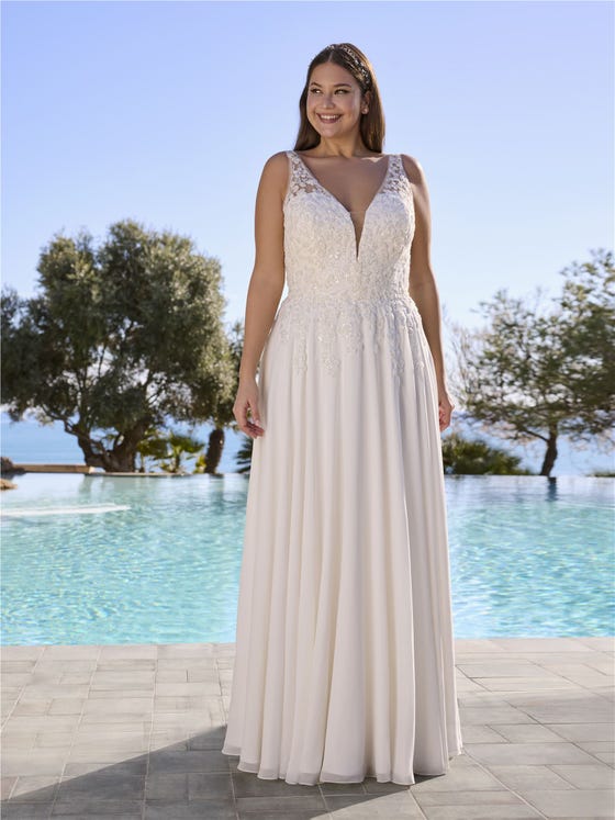 Vorderseite A-Linien Brautkleid mit V-Ausschnitt mit V-Rücken aus Chiffon BERGENIA