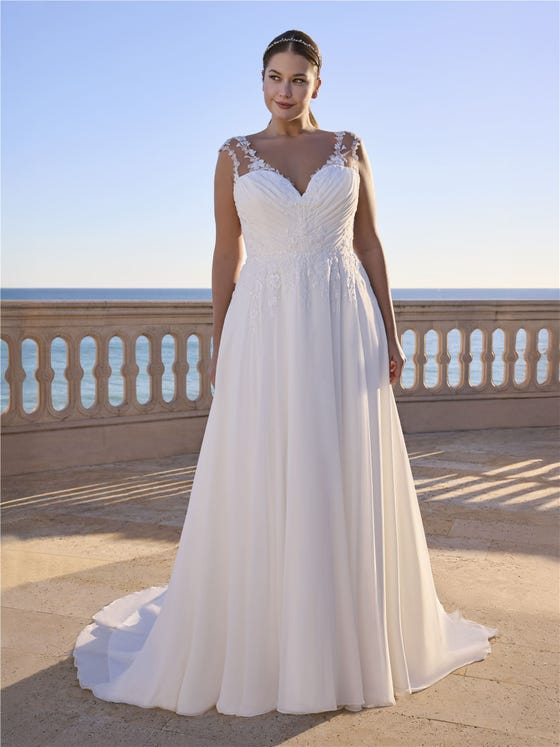 Vorderseite A-Linien Brautkleid mit V-Ausschnitt mit V-Rücken aus Chiffon BRUNNERA