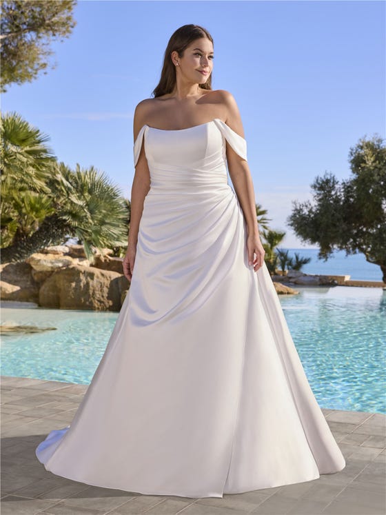 Vorderseite A-Linien Brautkleid mit trägerlosem Ausschnitt aus Satin ORCHIDEE