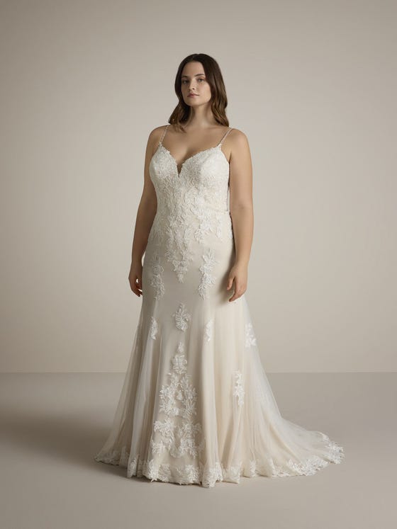 voorkant trouwjurk fit & flare v-hals bandjes tule riyo