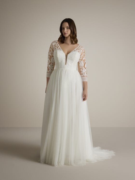 front wedding dress flowy a-line v-neck three quarter sleeves scoop back tulle sovanna