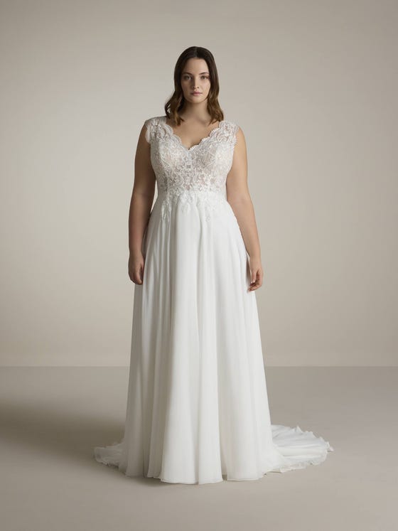 vorderseite Fließendes A-Linien Brautkleid mit V-Ausschnitt und Trägern