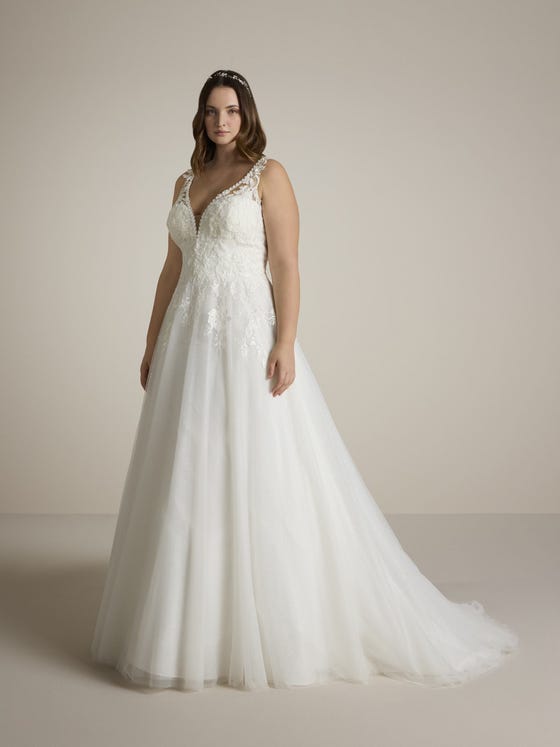 vorderseite Prinzessinnen-Brautkleid mit V-Ausschnitt und Trägern